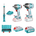 COMBO INALAMBRICO 20V PISTOLA IMPACTO INALAMBRICO 1/2 850NM + PISTOLA IMPACTO INALAMBRICA 1/2 400 NM + LAMPARA DE TRABAJO 300 LUMENES RECARGABLE + 10 COPAS 1/2 (10-24MM) + 1 BATERIA 4.0 AH + 1 BATERIA 2.0 AH Y CARGADOR INDUSTRIAL SUPER TOTAL (UTOSLI241195)