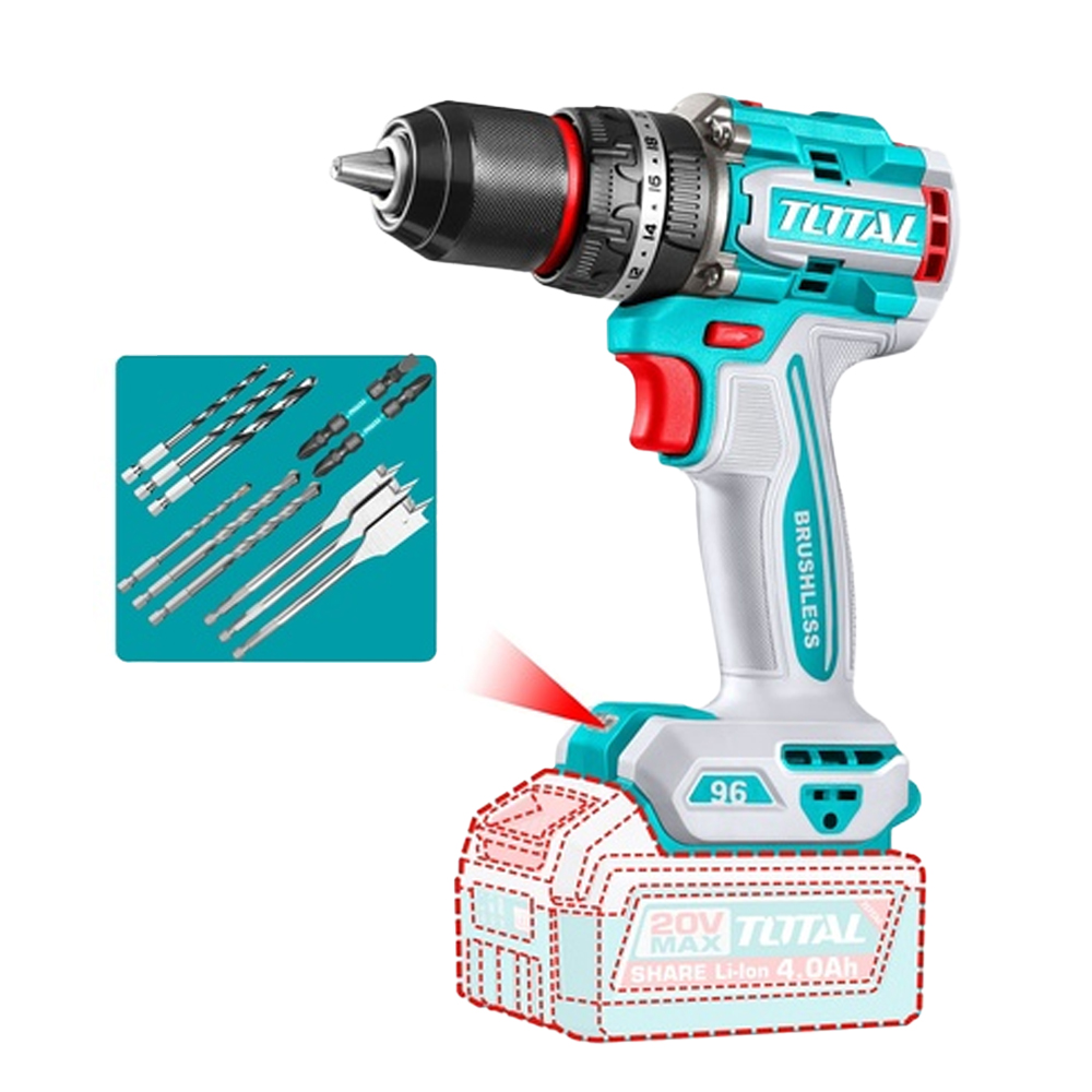 TALADRO INALAMBRICO 1/2 20V 96 N.M INCLUYE 11 PUNTA ACCESPRIOS BATERIA Y CARGADOR SE VENDE POR SEPARADO INDUSTRIAL SUPER TOTAL (TIDLI209681)