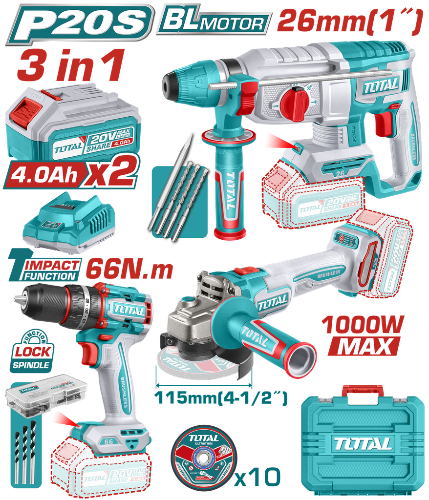 COMBO INALAMBRICO 20V  X 3 PZS TALADRO ATORNILLADOR INALAMBRICO PERCUTOR 1/2 66 NM +  PULIDORA INALAMBRICA 4 1/2 + TALADRO ROTOMARTILLO SDS PLUS  2.5 JULES  INLCUYE 2 BATERIAS 4.0AH , 1 CARGADOR , 10 DISCOS DE CORTE Y 47 ACCESORIOS INDUSTRIAL SUPER TOTAL (UTOSLI241198)