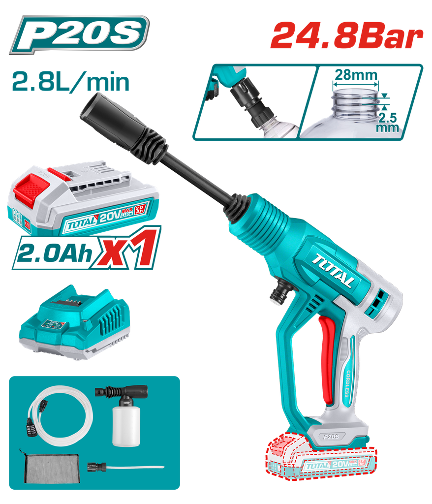 HIDROLAVADORA INALAMBRICA 20V PORTATIL  INCLUYE 1 BATERIA 2.0 AH Y CARGADOR SUPER TOTAL (UTPWLI20362)