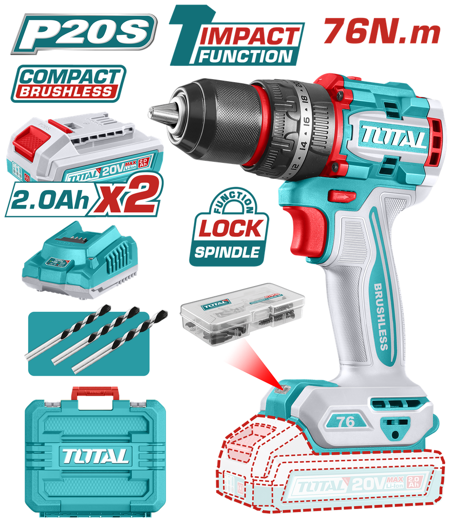 TALADRO INALAMBRICO  PERCUTOR 1/2 20V 76 N.M INCLUYE 2 BATERIA DE 2.0AH, CARGADOR,47 ACCESORIOS,3 BROCAS CONCRETO INDUSTRIAL SUPER TOTAL (UTIDLI20768)