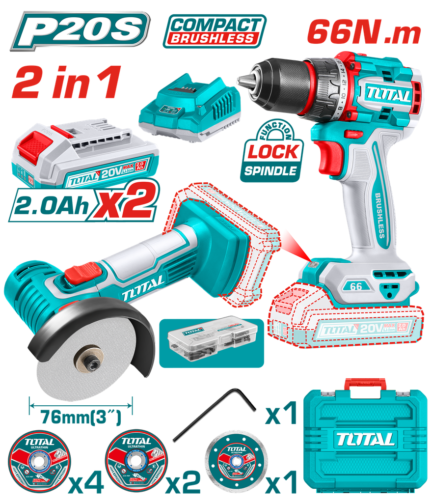 COMBO INALAMBRICO 20V X 2 PZS TALADRO 1/2  66 N.M + MINI PULIDORA 3" INCLUYE 2 BATERIAS  2.0 AH + CARGADOR  + 7 DISCOS Y 47 ACCESORIOS INDUSTRIAL SUPER TOTAL (UTCKLI20766) 