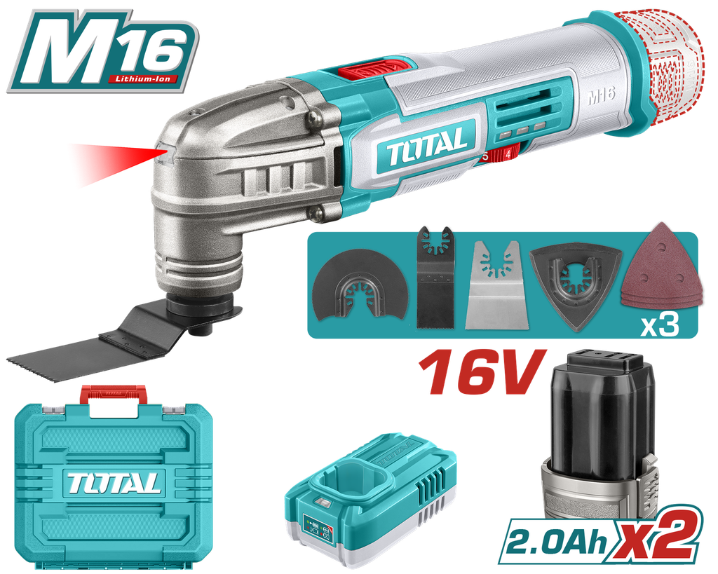 MULTIHERRAMIENTA INALAMBRICA OSCILANTE 16V + 2 BATERIAS 2.0 AH + CARGADOR  Y ACCESORIOS INDUSTRIAL SUPER TOTAL (UTMLI16222)