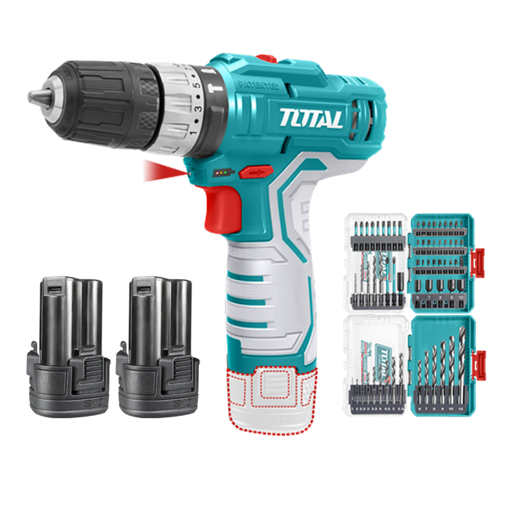 TALADRO INALAMBRICO 3/8 12V 20NM INCLUYE 2 BATERIA DE 2.0 AH + PUNTA TALADRO Y BROCA INDUSTRIAL SUPER TOTAL (UTOSLI241197)