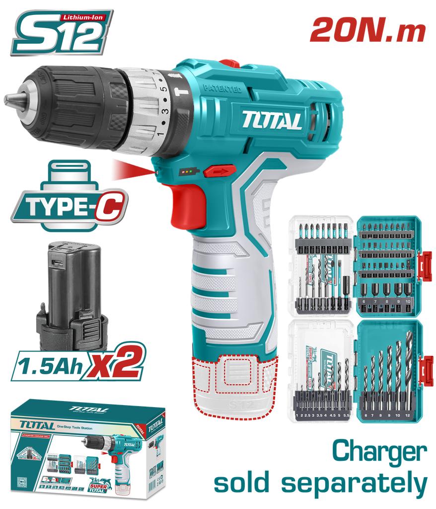 TALADRO INALAMBRICO 3/8 12V 20NM INCLUYE 2 BATERIA DE 2.0 AH + PUNTA TALADRO Y BROCA INDUSTRIAL SUPER TOTAL (UTOSLI241197)