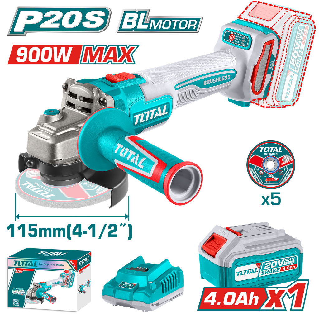 PULIDORA INALAMBRICA 4 1/2 INDUSTRIAL 20 V 900W INCLUYE BATERIA 4.0 AH, CARGADOR Y 5 DISCOS, MOTOR SIN ESCOBILLAS INDUSTRIAL SUPER TOTAL (UTAGLI261521)
