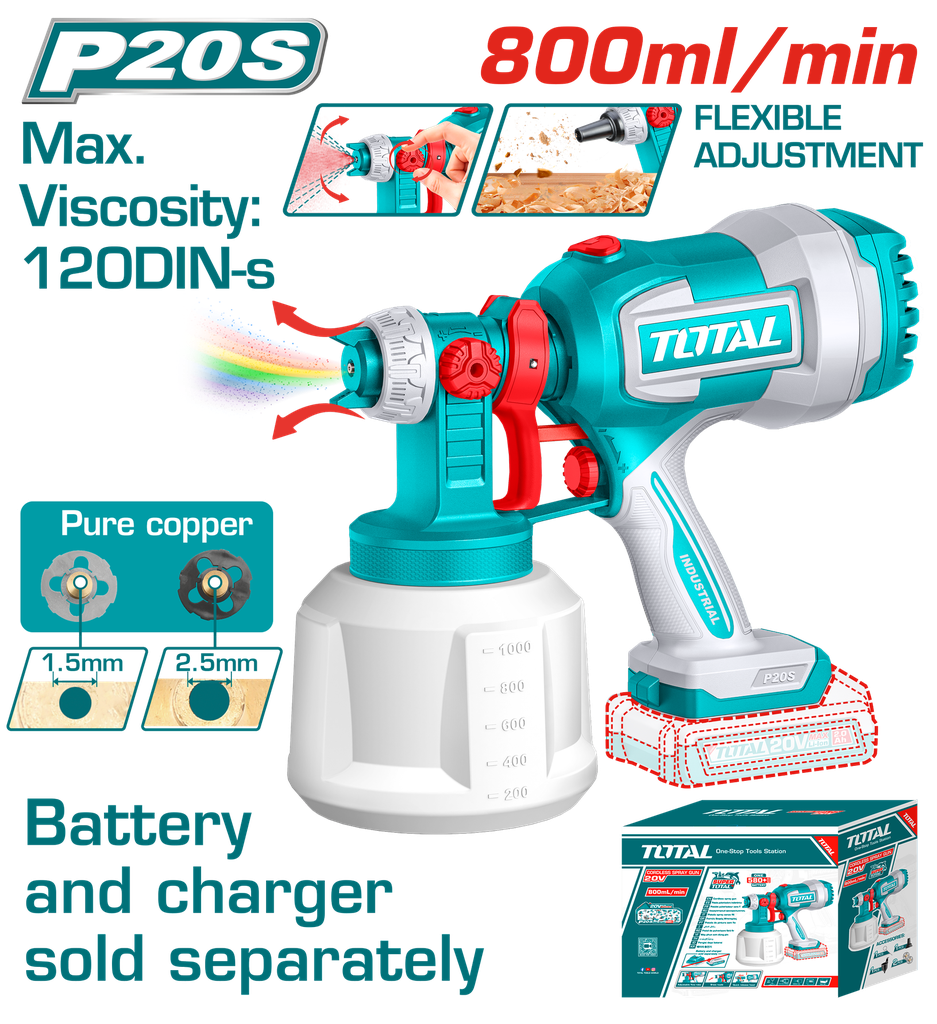 PISTOLA PINTAR INALAMBRICA 800ML 20V INCLUYE AGUJA DE LIMPIEZA Y DOS BOQUILLAS, BATERIA Y CARGADOR NO INCLUIDO TOTAL (TSGLI2004)