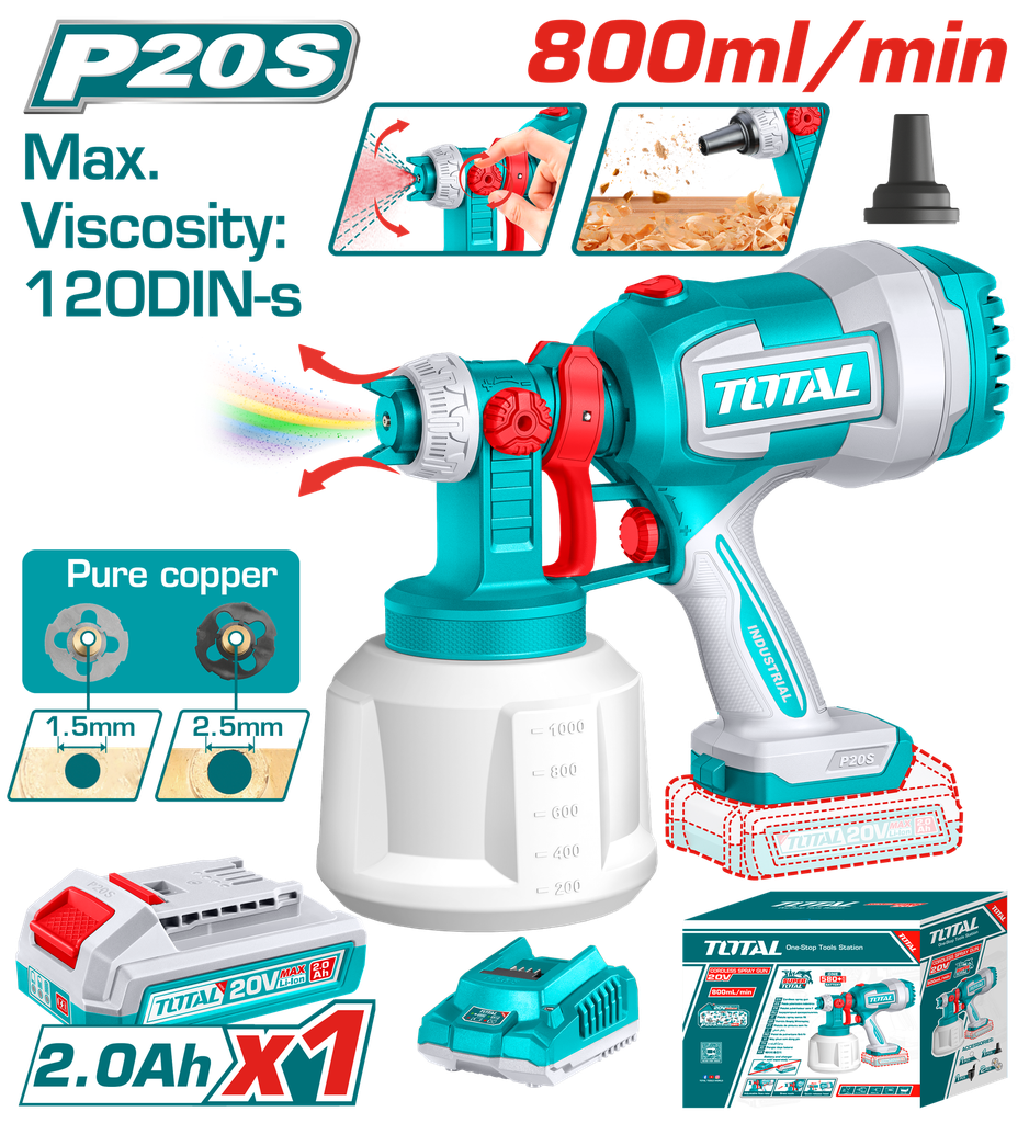 PISTOLA PINTAR INALAMBRICA 800ML 20V INCLUYE BATERIA 20V, CARGADOR, AGUJA DE LIMPIEZA Y DOS BOQUILLAS, TOTAL (UTSGLI20042)