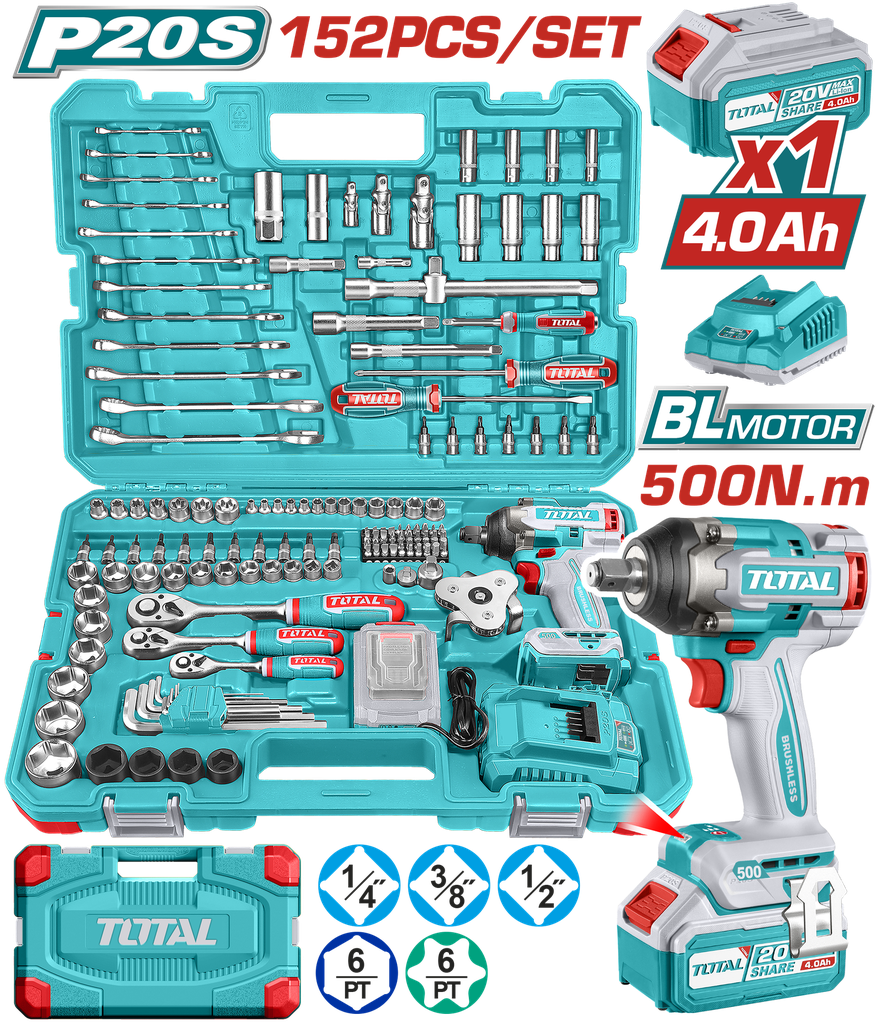 PISTOLA IMPACTO INALAMBRICO 1/2 20V 500 NM INCLUYE 1 BATERIAS 1 CARGADOR + 152 ACCESORIOS INSDUSTRIAL SUPER TOTAL (UTHKTHP31522)