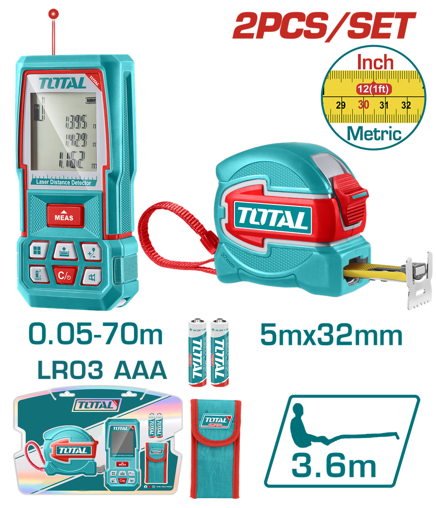 KIT DE MEDIDOR DE DISTANCIAS LASER 70 MTS + METRO 5 MTS HOJA 32MM INDUSTRIAL SUPER TOTAL (TLDD241201)