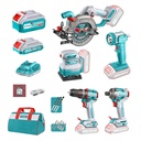 COMBO INALAMBRICO 20V  SIERRA CIRCULAR INALAMBRICA 5-1/2 + TALADRO PERCUTOR ATORNILLADOR 1/2 20V 66 NM + ATORNILLADOR DE IMPACTO 1/4" 285 NM + LIJADORA DE PALMA 4 3/8"X 4" + LINTERNA 270 LUMENES + 1 BATERIA 4.0 AH + 1 1 BATERIA 2.0 AH + CARGADOR INCLUYE ACCESORIOS INDUSTRIAL SUPER TOTAL (UTOSLI241081)