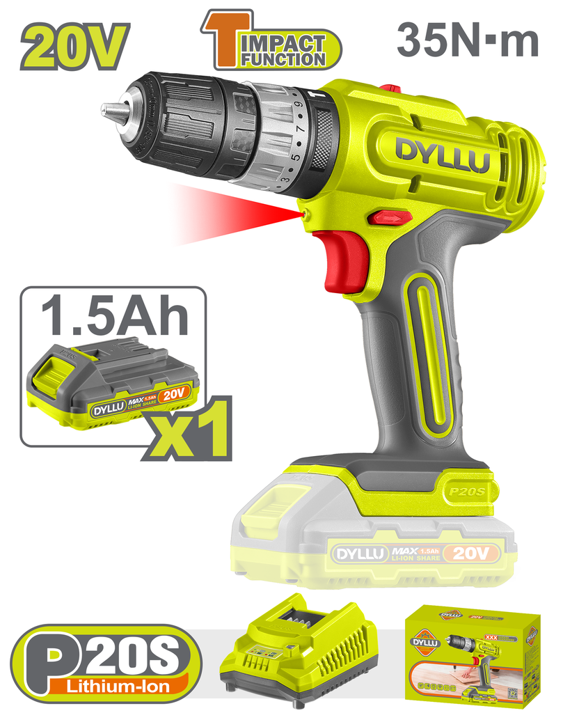 TALADRO INALAMBRICO 1/32/3/8" 20V 35NM INCLUYE 1 BATERIA 1.5AH, 1CARGADOR DYLLU (UDTCDP521)