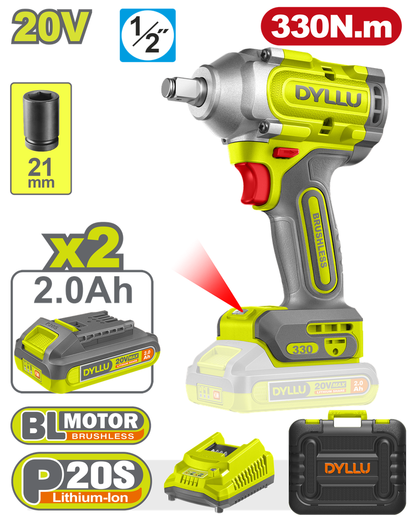 PISTOLA IMPACTO INALAMBRICA 1/2 20V 330NM INCLUYE 2 BATERIAS 2.0AH 1 CARGADOR  DYLLU (UDTCD1B33)