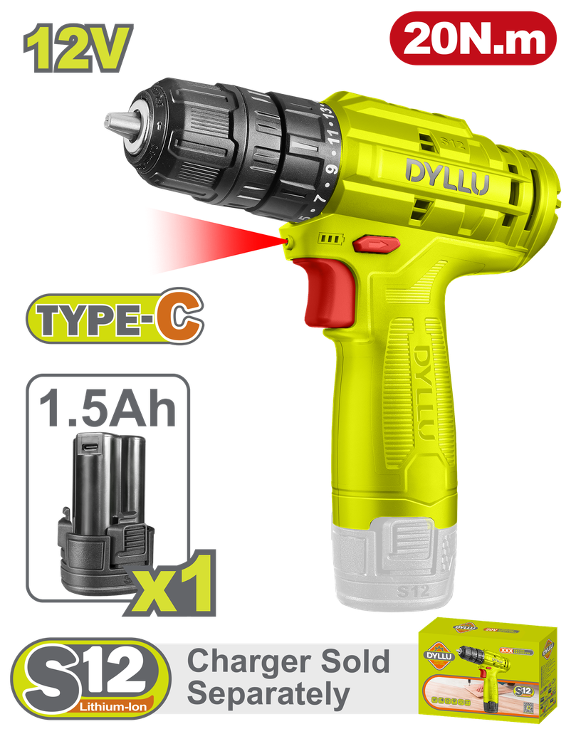 TALADRO INALAMBRICO 3/8 12V 20NM  INCLUYE 1 BATERIA 1.5AH  CARGADOR NO INCLUIDO DYLLU (DTCDS510)