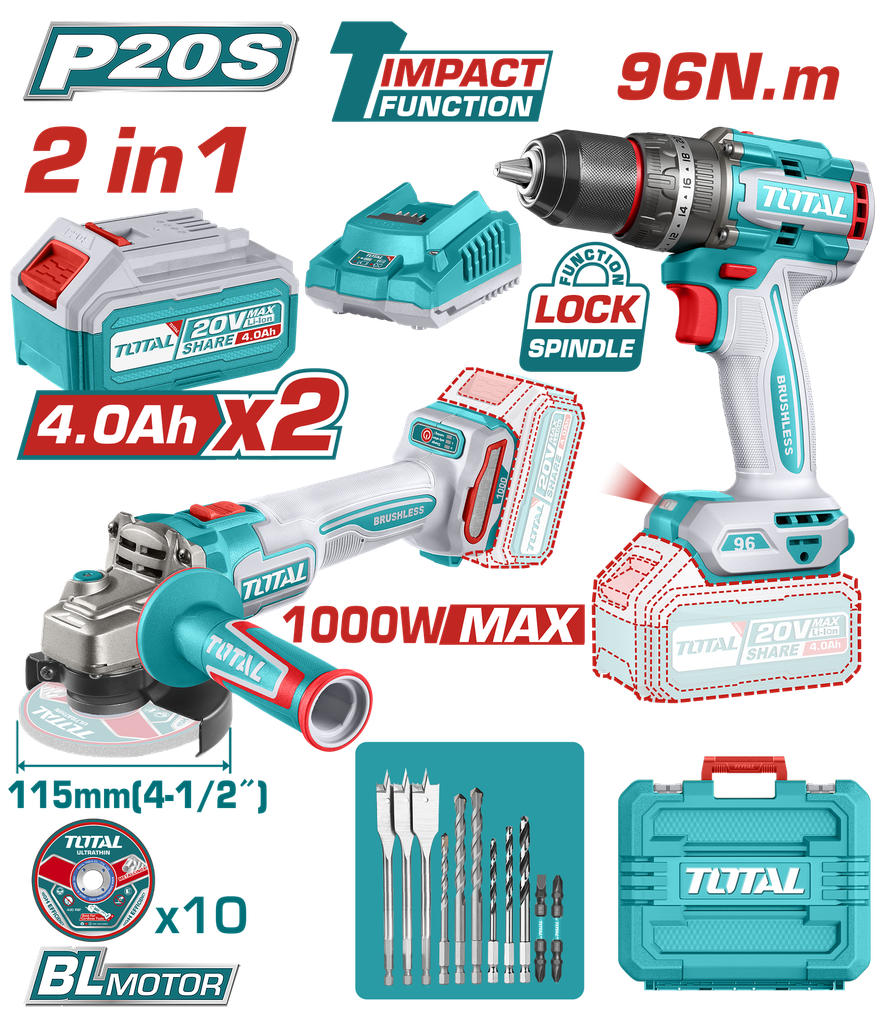 COMBO INALAMBRICO 20V TALADRO 1/2"  96NM + PULIDORA 4 1/2"  1000W INCLUYE 2 BATERIA 20V(4.0AH),CARGADOR , 10 DISCOS DE CORTE Y ACCESORIOS INDUSTRIAL TOTAL (UTOSLI241298)