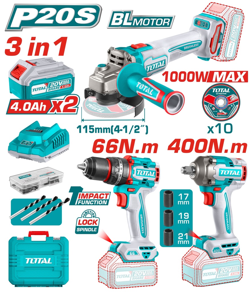 COMBO INALAMBRICO 20V TALADRO 1/2"  66 NM + PULIDORA 4 1/2" 1000W + PISTOLA IMPACTO  1/2 400 NM INCLUYE 2 BATERIA 20V(4.0AH),CARGADOR , 10 DISCOS DE CORTE Y ACCESORIOS INDUSTRIAL TOTAL (UTOSLI241291)