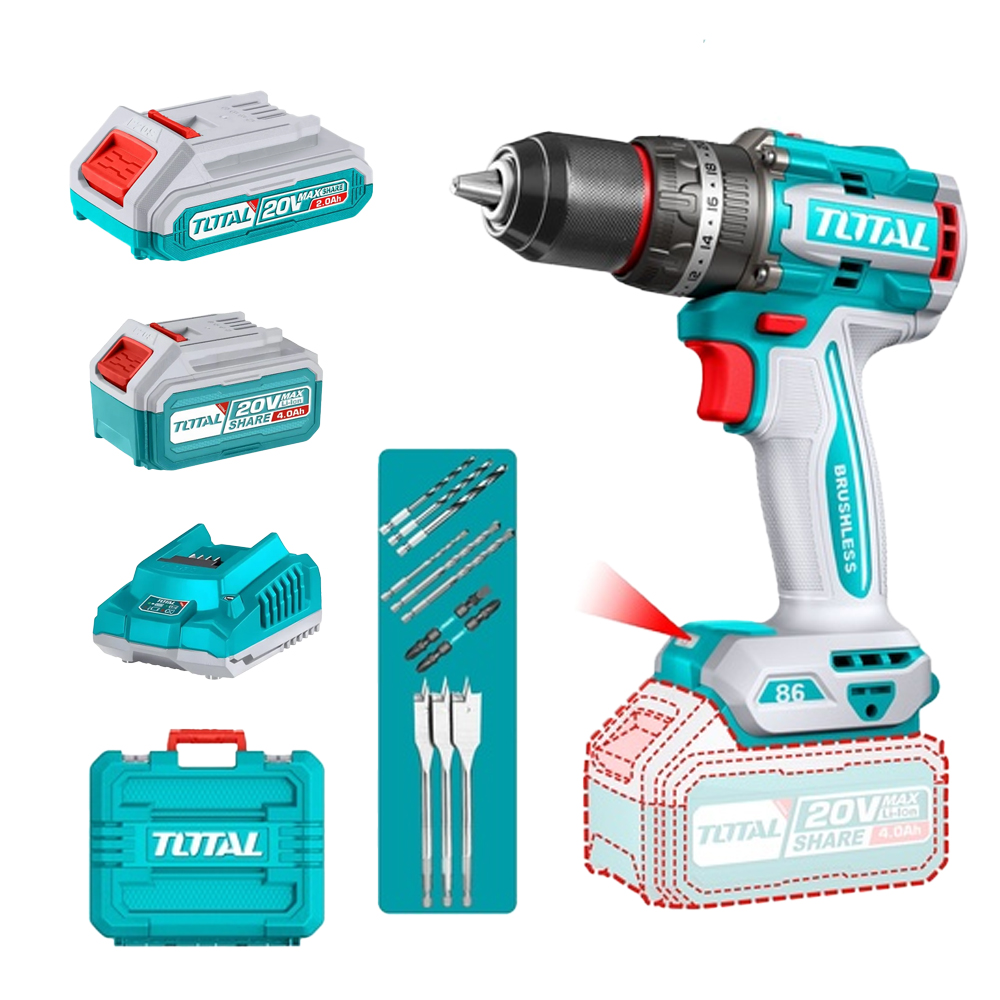 TALADRO INALAMBRICO PERCUTOR 1/2" 86N.M 20V CAJA PLASTICA INCLUYE 1 BATERIA 2.0 AH, 1 BATERIA 4,0 AH , CARGADOR Y ACCESORIOS INDUSTRIAL SUPER TOTAL (UTIDLI20868)