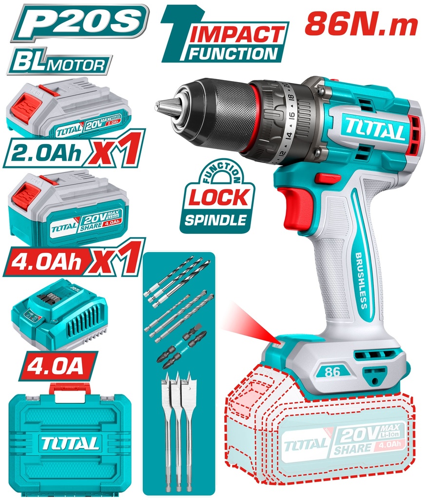 TALADRO INALAMBRICO PERCUTOR 1/2" 86N.M 20V CAJA PLASTICA INCLUYE 1 BATERIA 2.0 AH, 1 BATERIA 4,0 AH , CARGADOR Y ACCESORIOS INDUSTRIAL SUPER TOTAL (UTIDLI20868)