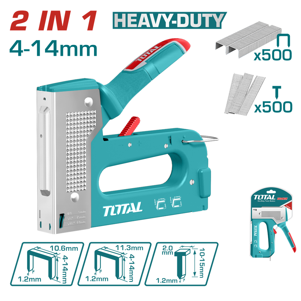GRAPADORA 2 EN 1  (4 - 14 MM) INCLUYE 500 GRAPAS Y 500 CLAVOS  INDUSTRIAL TOTAL (THT31148)