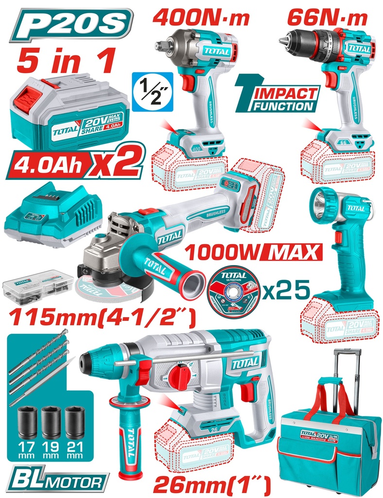 COMBO INALAMBRICO 20V TALADRO PERCUTOR ATORNILLADOR 1/2 66 NM + PISTOLA IMPACTO 1/2 20V 400 NM + TALADRO ROTOMARTILLO 1" 2.5JULES + PULIDORA 4 1/2 + LAMPARA DE TRABAJO 270LM INCLUYE 2 BATERIAS 4.0 AH , CARGADOR Y ACCESORIOS INDUSTRIAL SUPER TOTAL (UTCKLI20592)