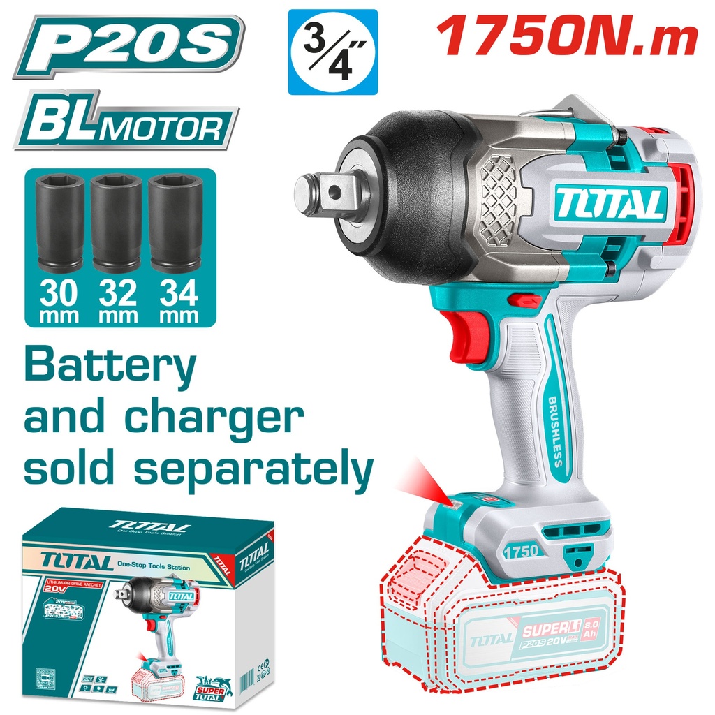 PISTOLA IMPACTO INALAMBRICA 3/4 20V 1750NM INCLUYE COPAS 30,32,34 MM  BATERIA Y CARGADOR SE VENDEN POR SEPARADO  INDUSTRIAL SUPER TOTAL (TIWLI201751)