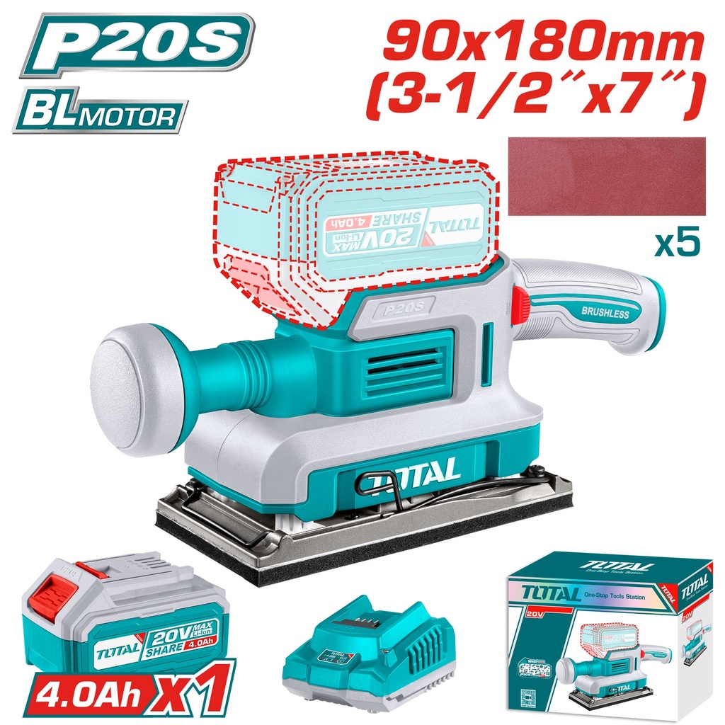 LIJADORA DE PALMA INALAMBRICA  3-1/2 X 7" 20V INCLUYE 1 BATERIA 4.0AH , CARGADOR Y 5 LIJAS INDUSTRIAL SUPER TOTAL (UTFSLI20311)