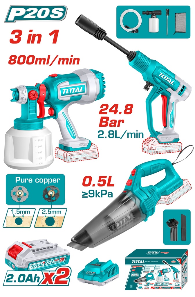 COMBO INALAMBRICO 20V PISTOLA PINTAR INALAMBRICA 800ML + HIDROLAVADORA  PORTATIL + ASPIRADORA DE MANO  INCLUYE 2 BATERIAS 2.0 AH, 1 CARGADOR Y ACCESORIOS TOTAL (UTOSLI230522)