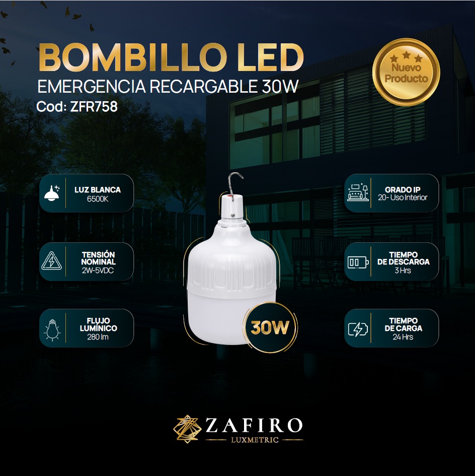 BOMBILLO LED 30W RECARGABLE DE EMERGENCIA 6500K (ZFR759)