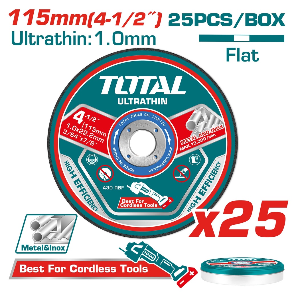 DISCO CORTE METAL/ACERO INOXIDABLE 4 1/2" JUEGO X 25 PCS TOTAL (TAC11011525)