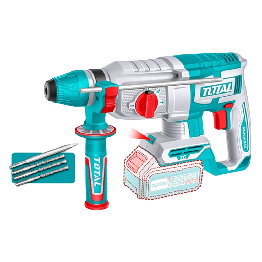 TALADRO ROTOMARTILLO 1" 20V SDS PLUS 2,5 JULES  INCLUYE 3 BROCAS Y 1 CINCEL CARGADOR Y BATERIA NO INCLUIDO INDUSTRIAL TOTAL (TRHLI20268)