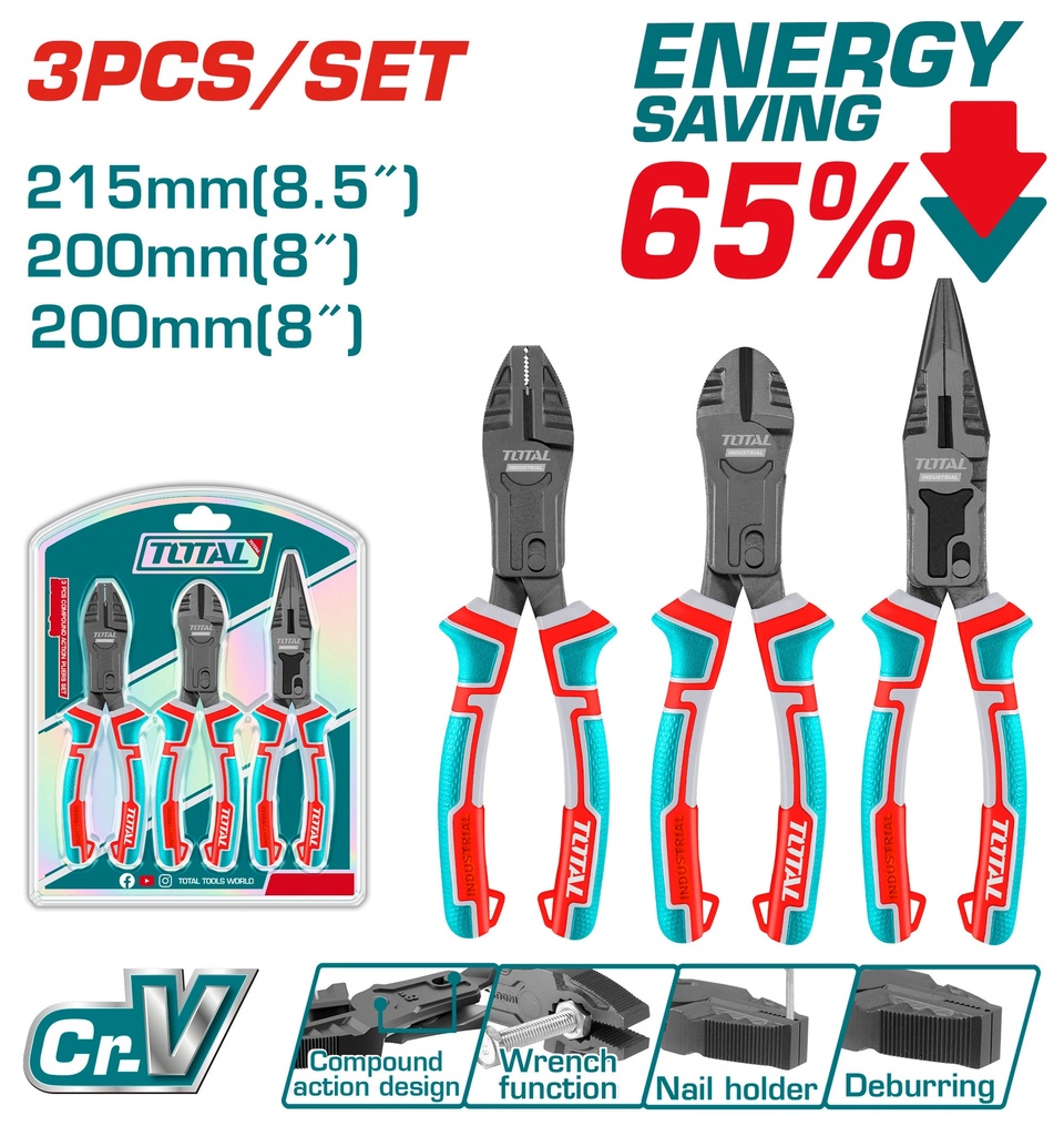 JUEGO DE ALICATE X 3 PIEZAS  CROMO VANADIUM INDUSTRIAL TOTAL (THT2CK231S)
