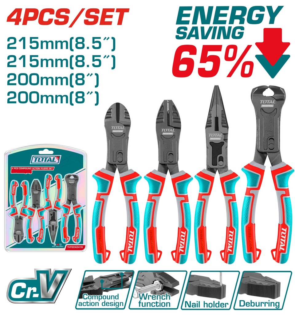 JUEGO DE ALICATE X 4 PIEZAS  CROMO VANADIUM INDUSTRIAL TOTAL (THT2CK241S)