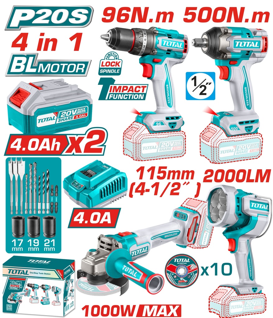 COMBO INALAMBRICO 20V TALADRO 1/2 96 NM + PISTOLA IMPACTO 1/2 500 NM + PULIDORA  4 1/2 1000W + LAMPARA DE TRABAJO  2000 LUMENES INCLUYE 2 BATERIAS 4.0AH , CARGADOR Y ACCESORRIOS INDUSTRIAL TOTAL (UTOSLI241292)