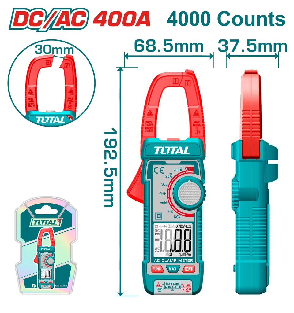 PINZA VOLTIAMPERIMETRICA DIGITAL 400V  4000 CONTEOS RMS TOTAL (TMT762002)