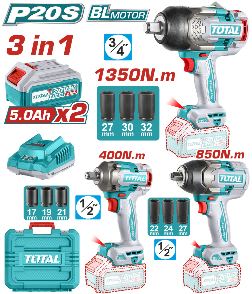 COMBO INALAMBRICO 20V PISTOLA IMPACTO 3/4 1350 NM  + PISTOLA IMPACTO 1/2 850 NM  + PISTOLA IMPACTO 1/2 400 NM INCLUYE 2 BATERIAS 5.0AH + CARGADOR + ACCESORIOS INDUSTRIAL TOTA (UTOSLI250386)