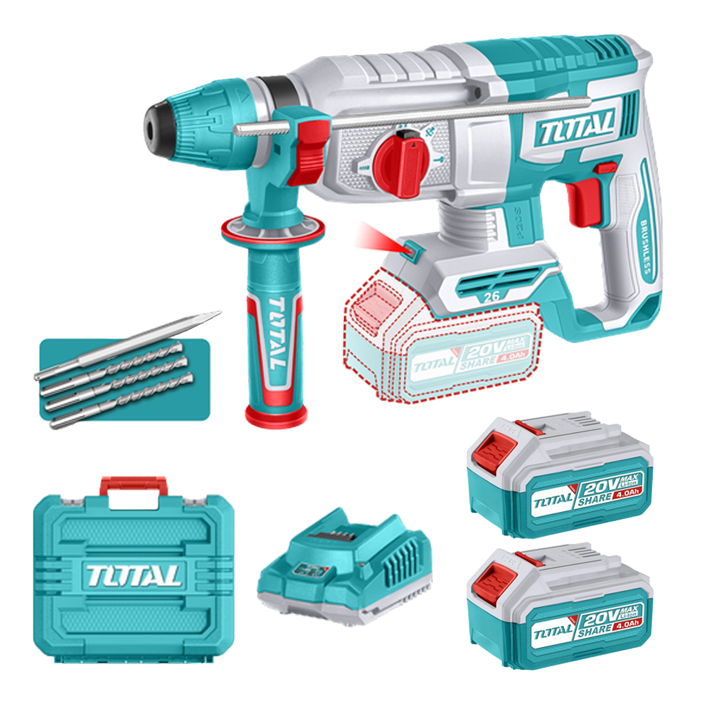 TALADRO ROTOMARTILLO 1" 20V SDS PLUS 2,5 JULES  INCLUYE 3 BROCAS , 1 CINCEL CARGADOR  Y BATERIA  INDUSTRIAL TOTAL (UTRHLI202682)