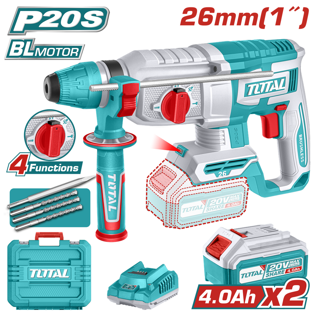 TALADRO ROTOMARTILLO 1" 20V SDS PLUS 2.5 JULES  INCLUYE 3 BROCAS , 1 CINCEL CARGADOR  Y BATERIA  INDUSTRIAL TOTAL (UTRHLI202682)