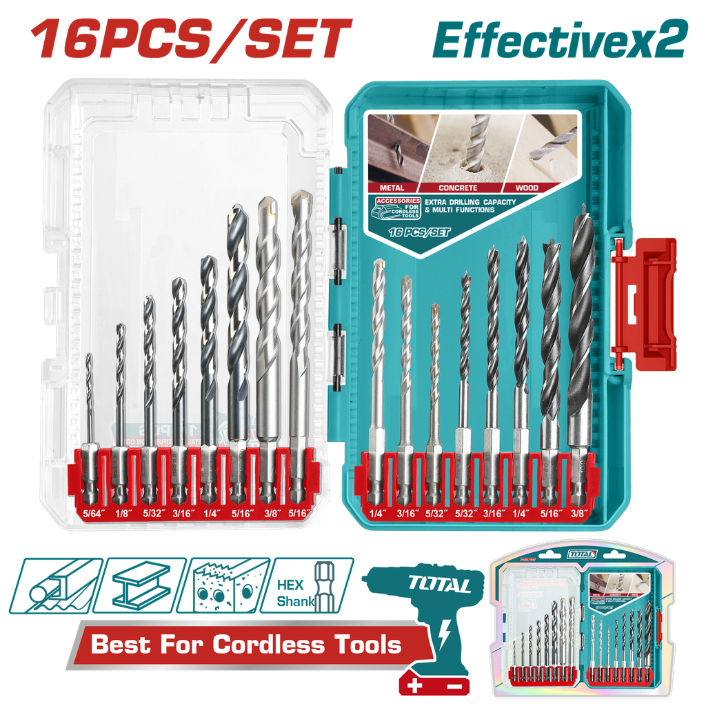 JUEGO DE BROCAS X 16 PZS PARA MURO, MADERA Y LAMINA CON VASTAGO EXAGONAL  INDUSTRIAL TOTAL (UTACSDL11608)