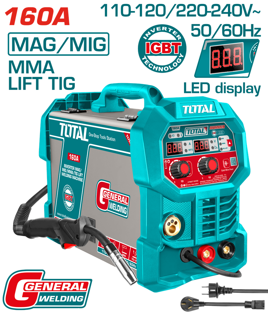 SOLDADOR INVERSOR DIGITAL 160A (MAG-MIG-MMA-LIFT TIG) 110-220V  TOTAL (UTMGT16058)