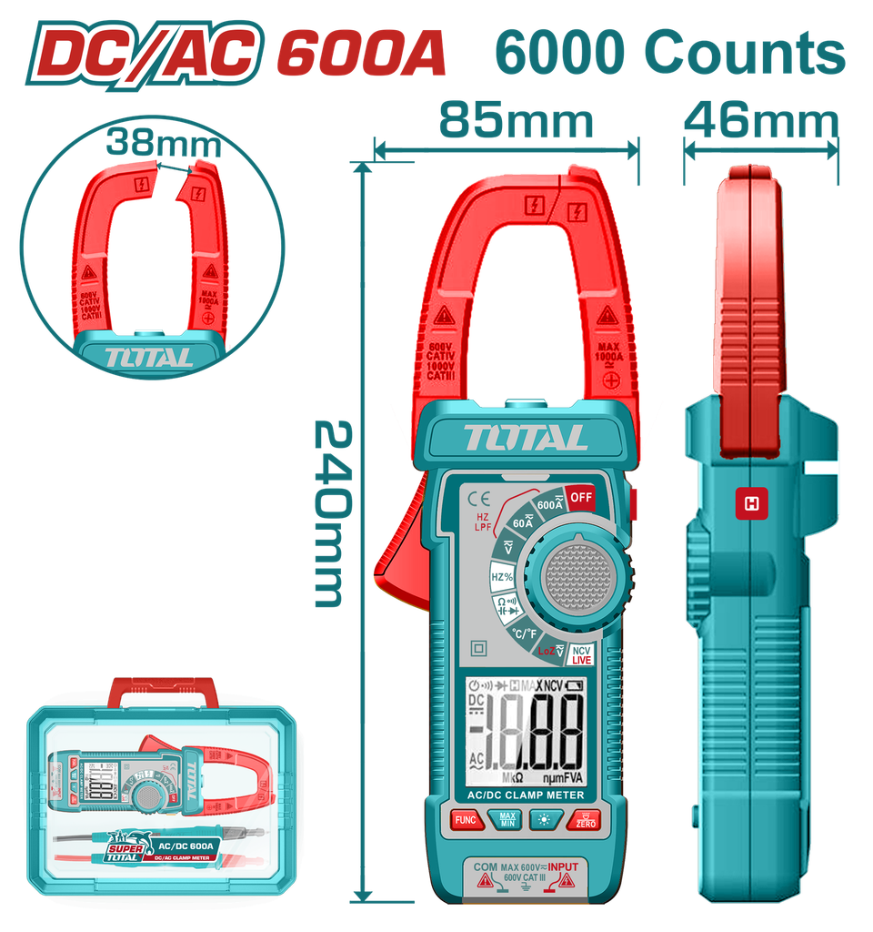 PINZA VOLTIAMPERIMETRICA DIGITAL 600A  6000 CONTEOS RMS INDUSTRIAL TOTAL (TMT766002)