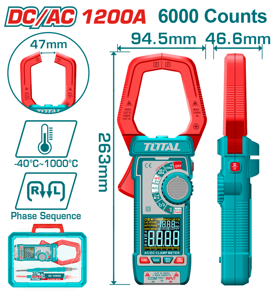 PINZA VOLTIAMPERIMETRICA DIGITAL 1200A  6000 CONTEOS RMS  INDUSTRIAL TOTAL (TMT7610002)