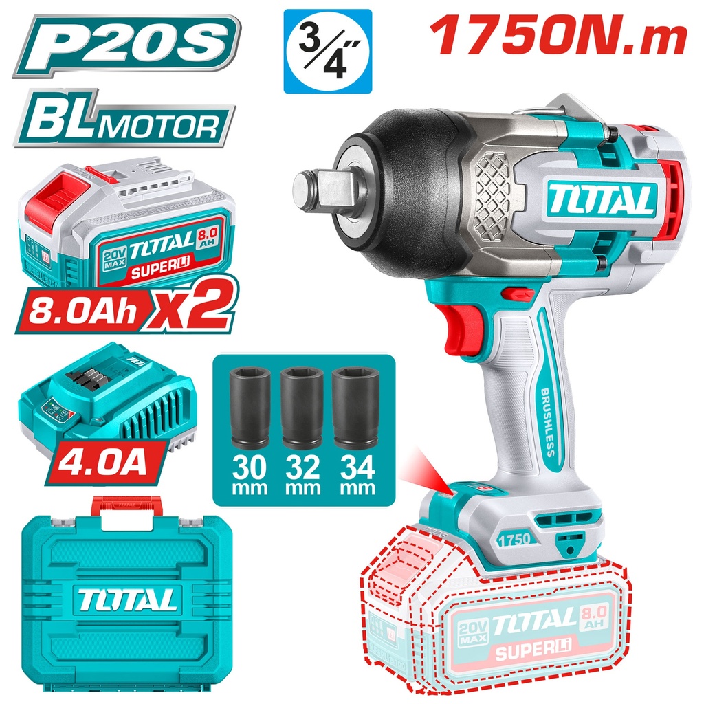 PISTOLA IMPACTO INALAMBRICA 3/4 20V 1750 NM INCLUYE 2 BATERIAS (8.0AH)  1 CARGADOR Y 3 COPAS 30,32,34 MM INDUSTRIAL TOTAL (UTIWLI20175)
