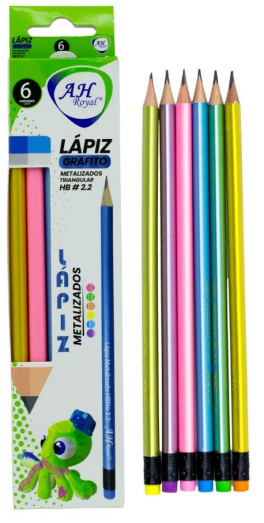 LAPIZ TRIANGULAR METALIZADO HB #2 BLISTER X 6 AH ROYAL (PAC3176)