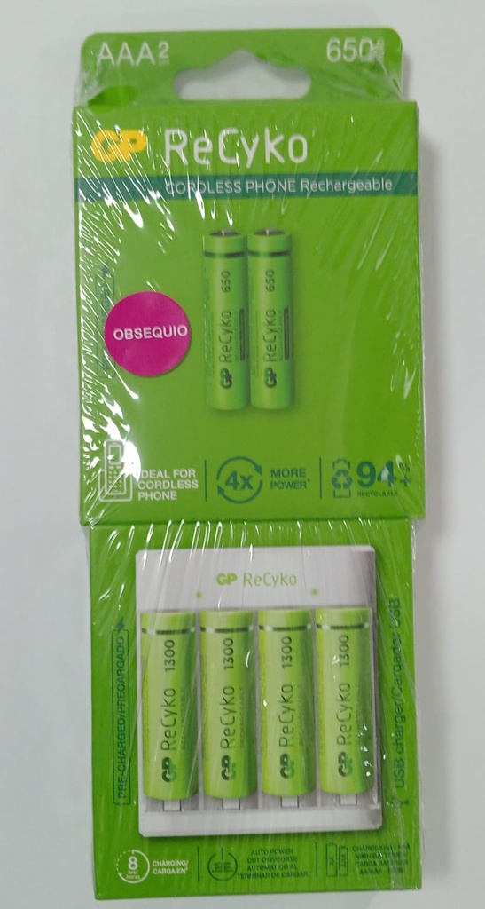 CARGADOR PILA RECARGABLE GP USB 2 PILAS AA 1300MAH + 2 PILAS AAA 800MAH (GPPBE130+GP65AAA)