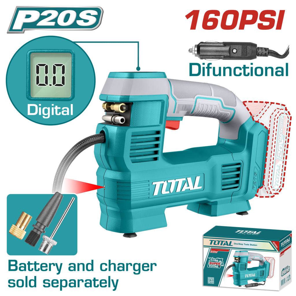 COMPRESOR MINI INALAMBRICO DIGITAL  20V 160PSI AUTOMATICO PARA CARRO BATERIA Y CARGADOR NO INCLUIDO TOTAL (TACLI2012)