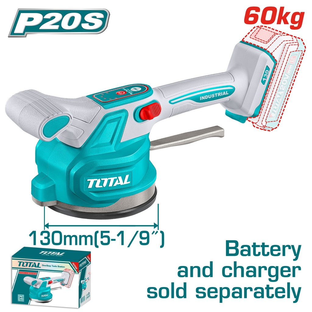 VIBRADOR DE BALDOSA INALAMBRICA 20V CON VENTOSA CAP 60KG BATERIAS Y CARGADOR NO INCLUIDO INDUSTRIAL TOTAL (TTVLI2001)