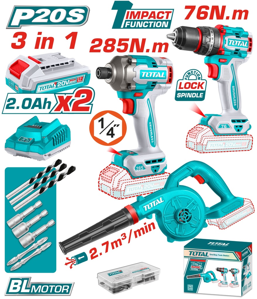 COMBO INALAMBRICO  20 V ATORNILLADOR IMPACTO 1/4" 285NM + TALADRO PERCUTOR 1/2" 76NM + SOPLADORA INCLUYE 2 BATERIAS 2.0AH, CARGADOR Y ACCESORIOS INDUSTRIAL TOTAL (UTOSLI250182)