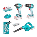COMBO INALAMBRICO  20 V ATORNILLADOR IMPACTO 1/4" 285NM + TALADRO PERCUTOR 1/2" 76NM + SOPLADORA INCLUYE 2 BATERIAS 2.0AH, CARGADOR Y ACCESORIOS INDUSTRIAL TOTAL (UTOSLI250182)