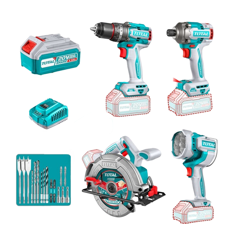 COMBO INALAMBRICO  20V   TALADRO PERCUTOR 96NM + ATORNILLADOR DE IMPACTOR 1/2" 285NM + CIERRA CIRCULAR 7-1/4" + LAMPARA DE TRABAJO 2000LM + 2 BATERIAS 4.0AH + CARGADOR  INCLUYE ACCESORIOS INDUSTRIAL TOTAL (UTOSLI241297)