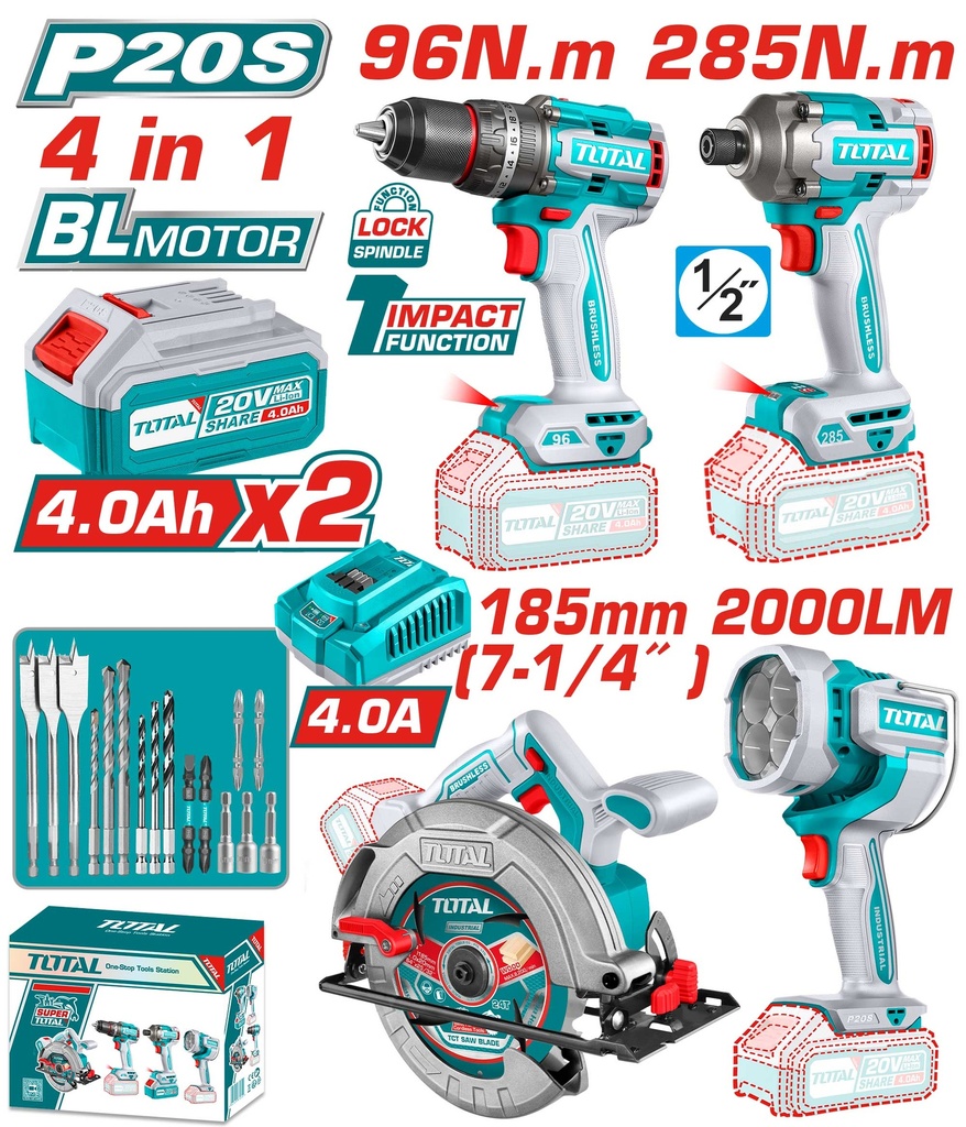 COMBO INALAMBRICO  20V   TALADRO PERCUTOR 96NM + ATORNILLADOR DE IMPACTOR 1/2" 285NM + CIERRA CIRCULAR 7-1/4" + LAMPARA DE TRABAJO 2000LM + 2 BATERIAS 4.0AH + CARGADOR  INCLUYE ACCESORIOS INDUSTRIAL TOTAL (UTOSLI241297)